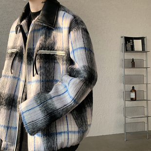 加厚加棉条纹格子呢子大衣外套男秋冬季设计感拼皮棉衣棉服夹克