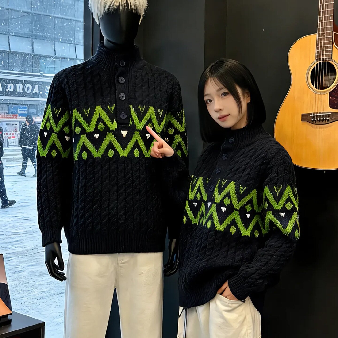 藏青色美式麻花毛衣男款冬季费尔岛亨利领针织衫高级感内搭打底衫