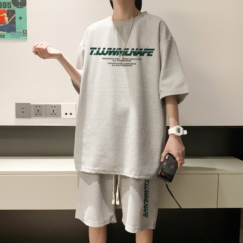 ZT11*P48美式华夫格套装男夏季潮牌短袖ins港风情侣装运动两件套,男装休闲套装,星座414A-2（原B215-2）