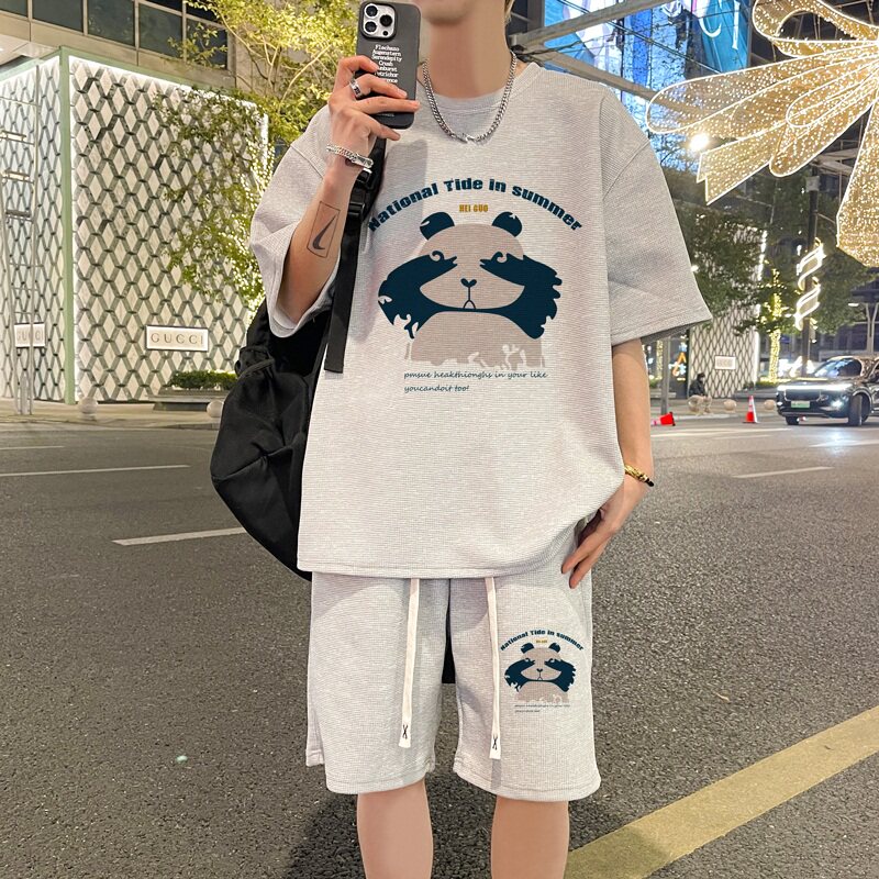ZT70*P48新中式华夫格短袖t恤男夏季运动休闲套装五分裤两件套潮,男装休闲套装,星座414A-2（原B215-2）