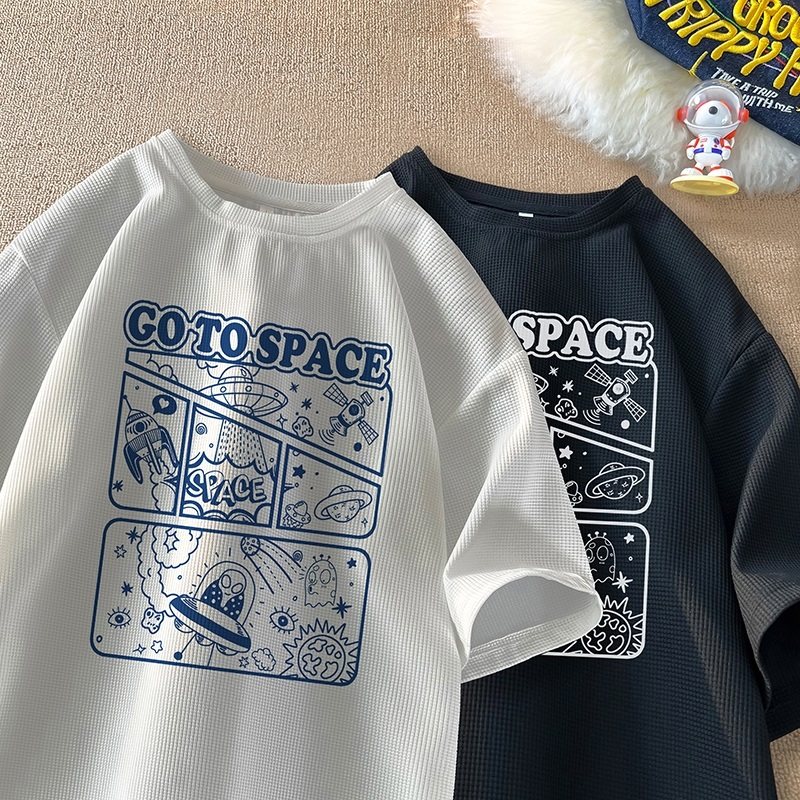 TC19*P22港风ins华夫格情侣五分袖T恤男夏季宽松潮牌短袖衣服控38图片