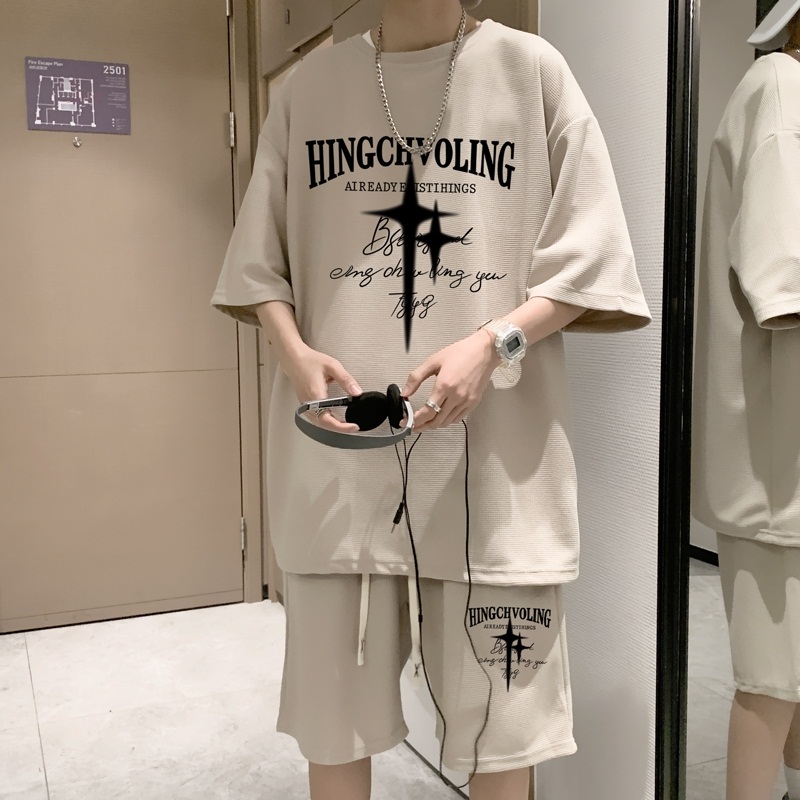 ZT16*P48夏季美式短袖t恤男女休闲套装ins潮流一套搭配短裤两件套,男装T恤,星座414A-2（原B215-2）