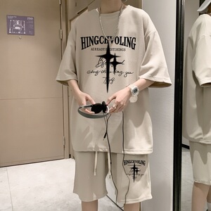 ZT16*P48夏季美式短袖t恤男女休闲套装ins潮流一套搭配短裤两件套图片