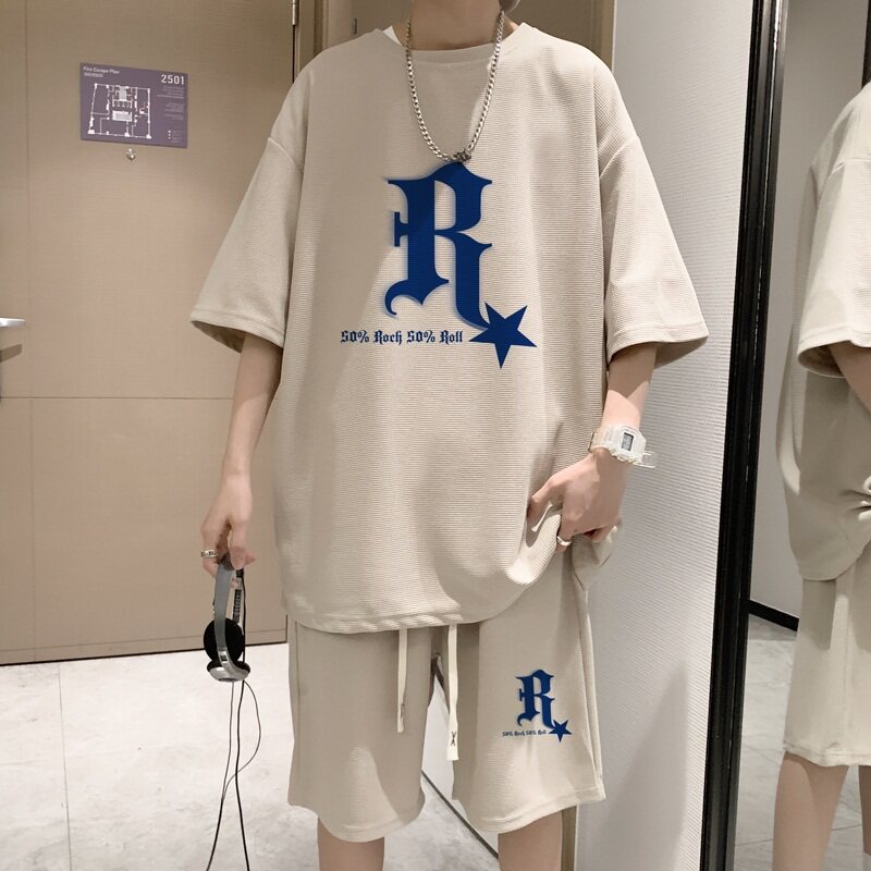 ZT13*P48夏季短袖t恤男士休闲套装ins潮流帅气一套搭配短裤两件套,男装T恤,星座414A-2（原B215-2）