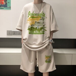 痞帅印花运动套装男款夏季重磅国潮宽松休闲小众t恤五分裤两件套图片