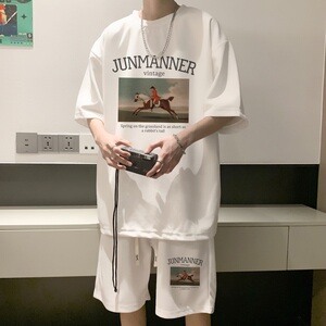 ZT57*P48重磅华夫格潮牌套装男女夏季两件套港风短袖短裤一套搭配图片