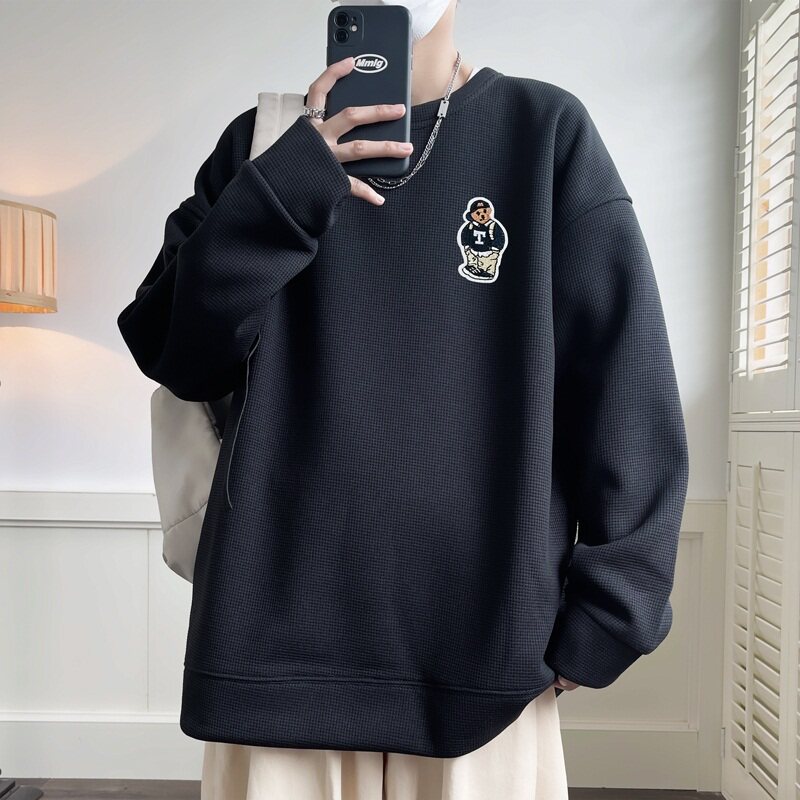W656*P28美式vintag卫衣男春秋季宽松华夫格贴标上衣潮牌ins外套图片