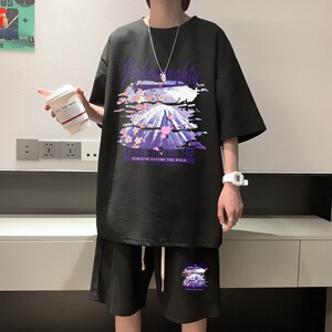 ZT41*P48 夏季华夫格套装男士短袖T恤休闲短裤青少年穿搭运动搭配图片