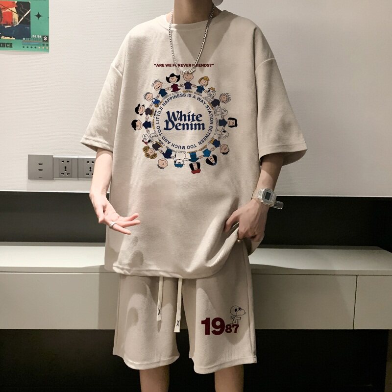 ZT52*P48港风ins华夫格套装男短袖t恤夏季休闲短裤两件套帅气男装,男装休闲套装,星座414A-2（原B215-2）