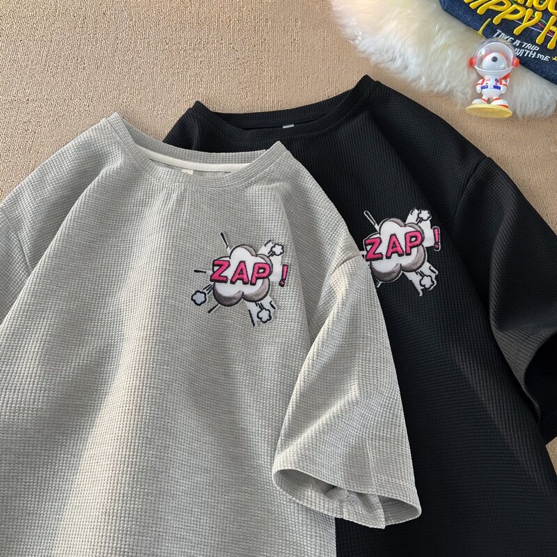 TC39*P25美式绣标华夫格短袖T恤男女夏季情侣装潮牌ins港风上衣,男装T恤,星座414A-2（原B215-2）