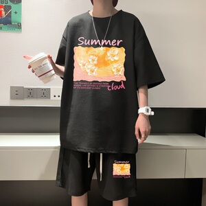 ZT46*P48 夏季华夫格套装男女短袖T恤休闲短裤青少年穿搭运动搭配图片
