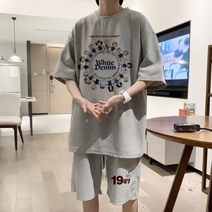 ZT52*P48 港风潮牌华夫格短袖运动套装男休宽松一套t恤短裤两件套图片