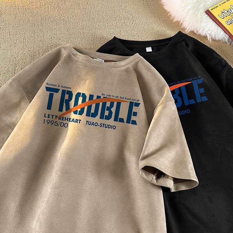 TF20*P26美式学院风麂皮绒T恤短袖男女夏季潮牌ins宽松情侣上衣服,男装T恤,星座414A-2（原B215-2）