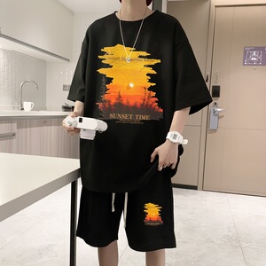 ZT32*P48 重磅华夫格运动套装男夏季两件套港风短袖短裤一套搭配图片
