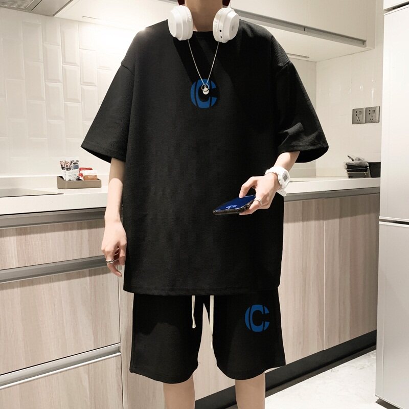 ZT10*P48潮华夫格套装男夏季潮牌短袖ins港风情侣装运动两件套,男装休闲套装,星座414A-2（原B215-2）