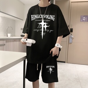 ZT16*P48夏季美式短袖t恤男士休闲套装ins潮流一套搭配短裤两件套图片