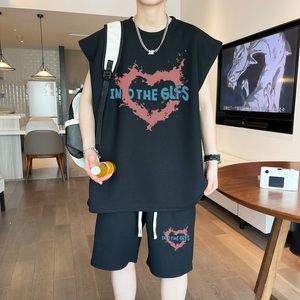 ZB03*P48 美式华夫格短袖t恤男夏季运动套装男潮牌五分短裤两件套图片