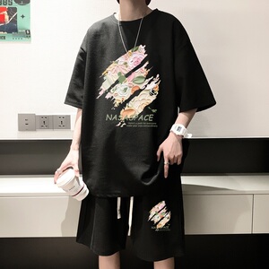 ZT45*P48 夏季华夫格套装男女短袖T恤休闲短裤青少年穿搭运动搭配图片
