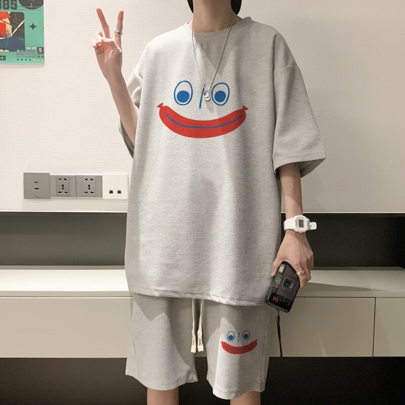 ZT35*P48华夫格短袖短裤套装男女夏季两件套潮牌一套搭配帅气衣服,男装休闲套装,星座414A-2（原B215-2）