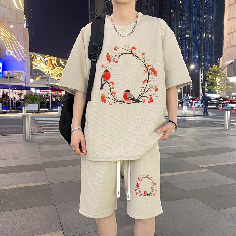 ZT68*P48新中式华夫格短袖t恤男女夏季运动套装潮五分裤两件套,男装休闲套装,星座414A-2（原B215-2）