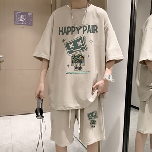 ZT23*P48美式华夫格套装男夏季潮牌T恤短袖ins港风情侣休闲两件套图片