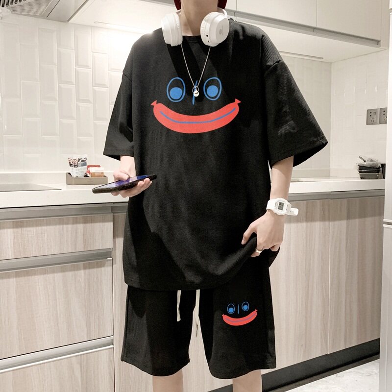 ZT35*P48华夫格短袖短裤套装男女夏季两件套t恤一套搭配潮流衣服,男装休闲套装,星座414A-2（原B215-2）