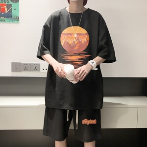 ZT38*P48 华夫格短袖t恤男女夏季套装潮牌一套搭配帅气男装上衣服图片
