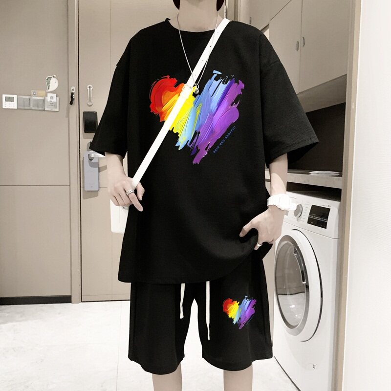 ZT21*P48美式华夫格套装男夏季潮牌T恤短袖ins港风运动情侣装控78,男装休闲套装,星座414A-2（原B215-2）