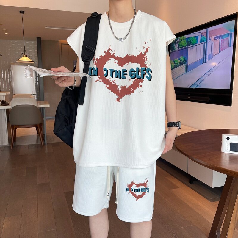 ZB03*P48美式华夫格短袖t恤男夏季运动套装男潮牌五分短裤两件套,男装休闲套装,星座414A-2（原B215-2）