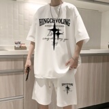 ZT16*P48夏季美式短袖t恤男女休闲套装ins潮流一套搭配短裤两件套，男装T恤，星座414A-2（原B215-2）