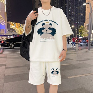 ZT70*P48 华夫格短袖t恤男女夏季休闲运动套装风潮五分裤两件套图片