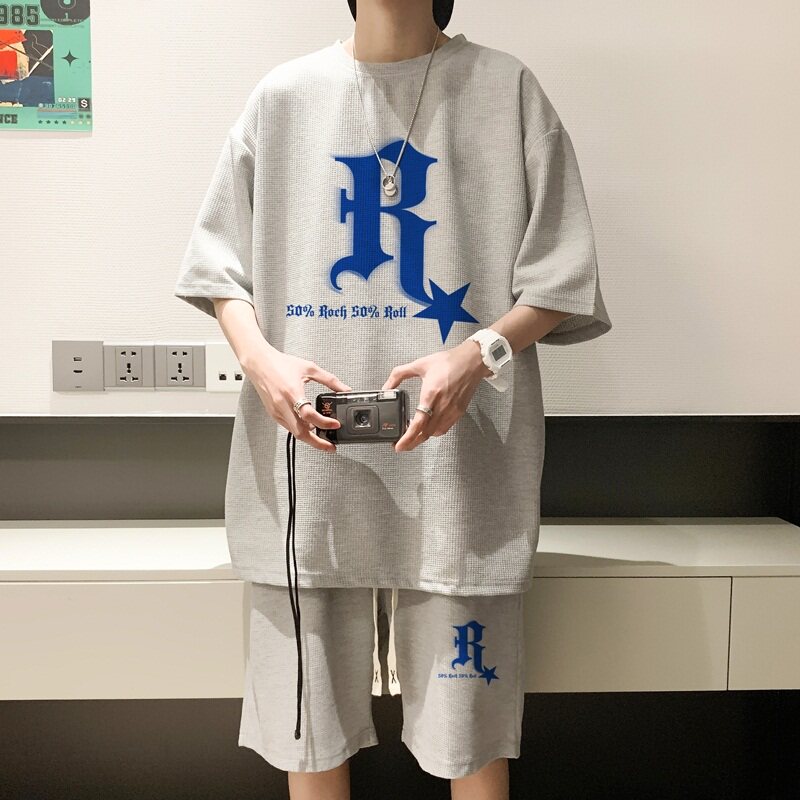 ZT13*P48夏季美式短袖t恤男士套装ins潮流帅气一套搭配短裤两件套,男装T恤,星座414A-2（原B215-2）