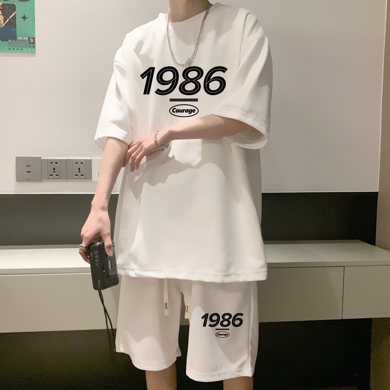 ZT19*P48美式华夫格套装男夏季潮牌T恤短袖ins港风情侣运动两件套，男装休闲套装，星座414A-2（原B215-2）