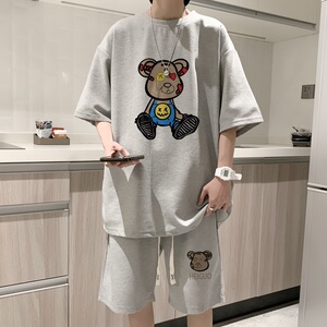 ZT36*P48 华夫格短袖短裤套装男女夏季两件套宽松t恤一套帅气搭配图片