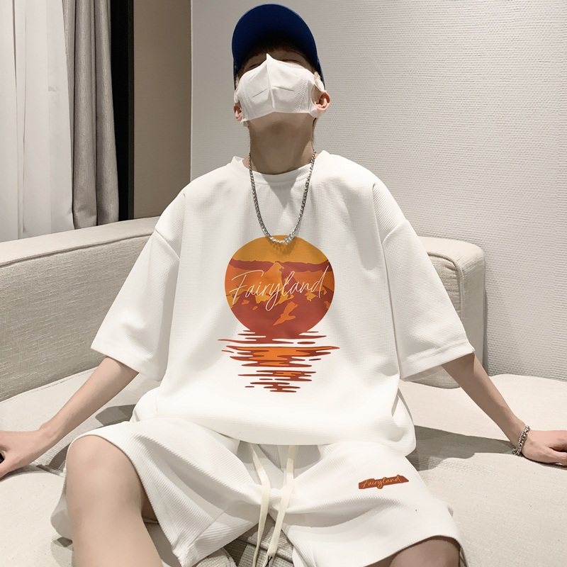 ZT38*P48华夫格短袖t恤男女夏季套装潮牌一套搭配帅气男装上衣服,男装休闲套装,星座414A-2（原B215-2）