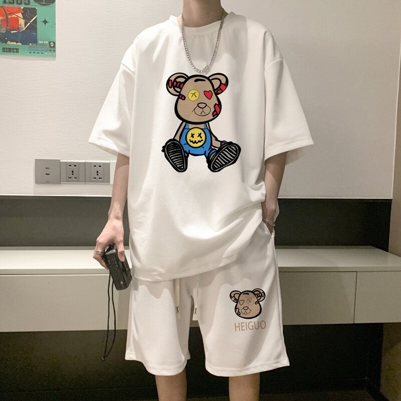 ZT36*P48 华夫格短袖短裤套装男女夏季两件套t恤一套搭配帅气衣服图片
