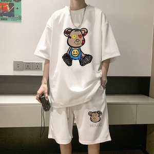 ZT36*P48 华夫格短袖短裤套装男女夏季两件套t恤一套搭配帅气衣服图片