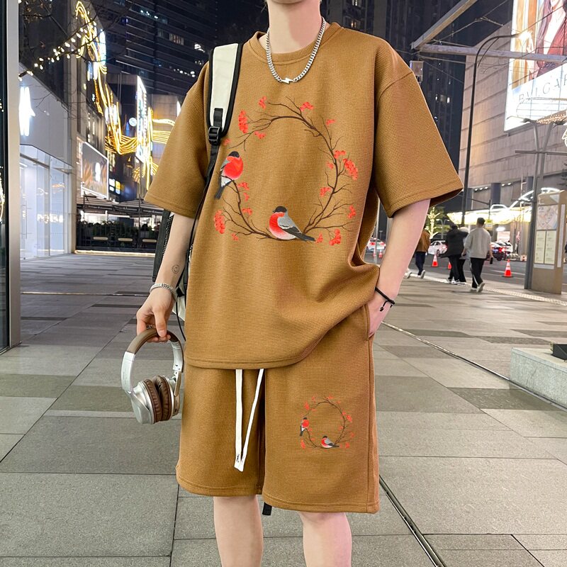 ZT68*P48新中式华夫格短袖t恤男女夏季休闲套装潮五分裤两件套,男装休闲套装,星座414A-2（原B215-2）