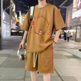 ZT68*P48新中式华夫格短袖t恤男女夏季休闲套装潮五分裤两件套，男装休闲套装，星座414A-2（原B215-2）