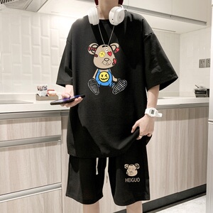 ZT36*P48 华夫格短袖短裤套装男女夏季两件套宽松t恤一套帅气搭配图片