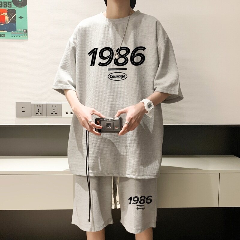 ZT19*P48美式华夫格套装男夏季潮牌T恤短袖ins港风情侣运动两件套,男装休闲套装,星座414A-2（原B215-2）