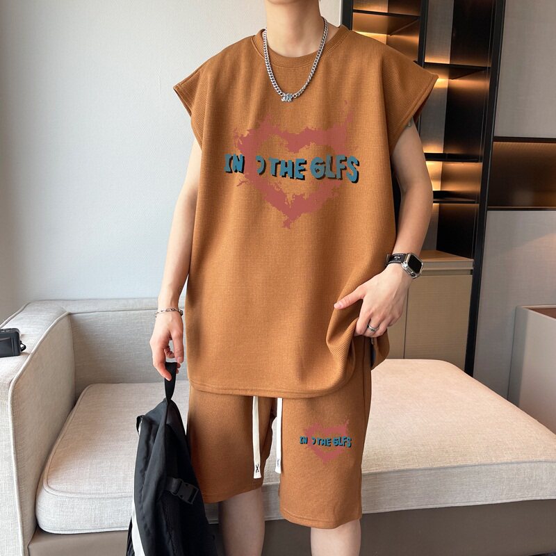 ZB03*P48美式华夫格短袖t恤男夏季运动套装男潮牌五分短裤两件套,男装休闲套装,星座414A-2（原B215-2）
