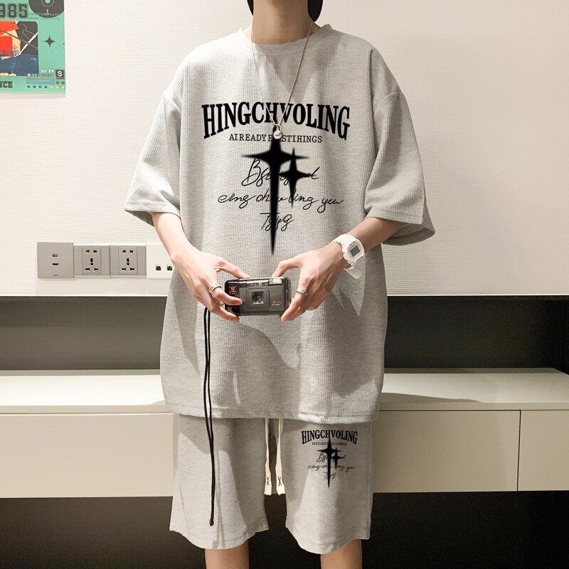 ZT16*P48夏季美式短袖t恤男女港风套装ins潮流一套搭配短裤两件套,男装T恤,星座414A-2（原B215-2）