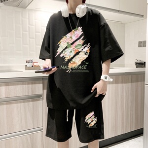 ZT45*P48 夏季华夫格套装男女短袖T恤休闲短裤青少年穿搭运动搭配图片