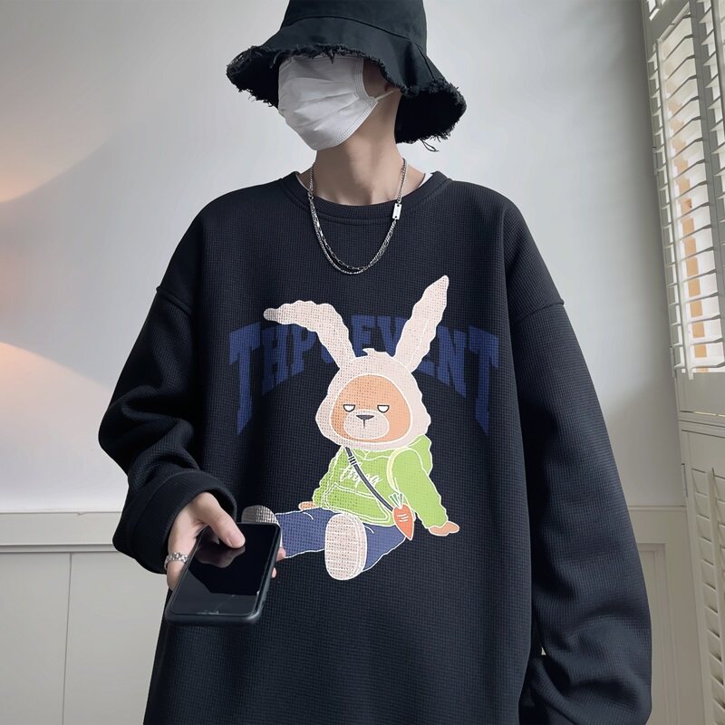 W613*P28加绒38 华夫格长袖t恤男女秋季潮牌宽松潮ins情侣卫衣图片