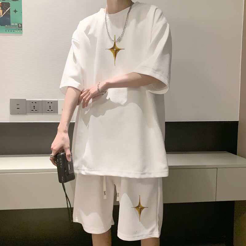ZT61*P48华夫格短裤男夏季潮牌ins两件套宽松休闲五分裤运动套装,男装休闲套装,星座414A-2（原B215-2）