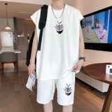 ZB01*P48华夫格无袖t恤男夏季休闲运动套装男潮牌五分短裤两件套，男装休闲套装，星座414A-2（原B215-2）