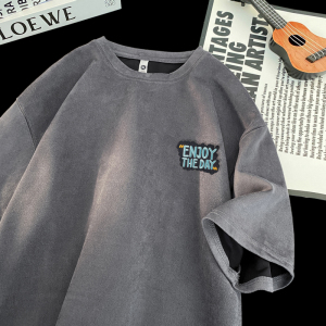 TJ18*P25 重磅麂皮绒刺绣t恤男夏季新款短袖宽松潮牌痞帅半袖上衣图片