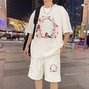 ZT68*P48 新中式华夫格短袖t恤男女夏季运动套装潮五分裤两件套图片