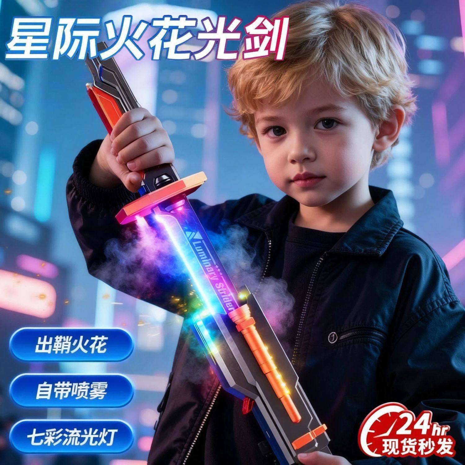 新款火花光剑炫酷七彩流光灯光剑玩具男孩喷雾儿童可充电发光玩具
